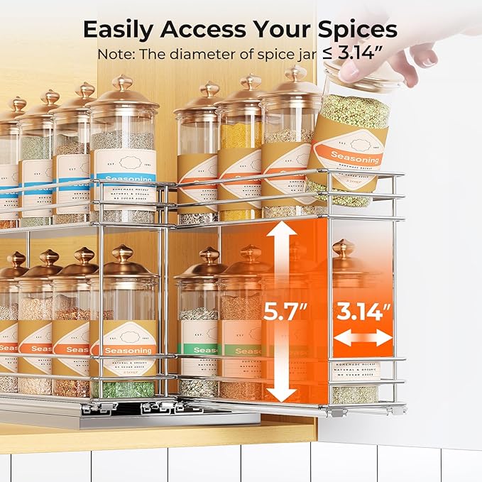 Pull Out Spice Rack Organizer for Cabinet, Slide Out Spice Racks, Easy to Install, 7.08" Wx10.43 Dx8.26 H, 2 Drawers 2 Tiers(Silver)