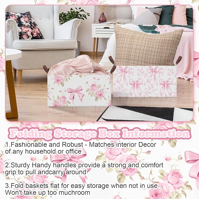 Boao 3 Pcs Pink Hydrangea Foldable Storage Baskets Pink Flower Laundry Basket with Handles Waterproof Storage Bins Fabric Shelf Baskets for Organizing Closet Clothes