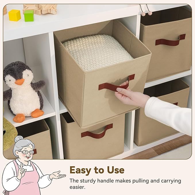 GRANNY SAYS Cube Storage Bins, 11 Inch Cube Storage Organizer with PU Handle, Fabric Storage Bins, Storage Cubes for Shelves, Closet, Khaki, 6-Pack