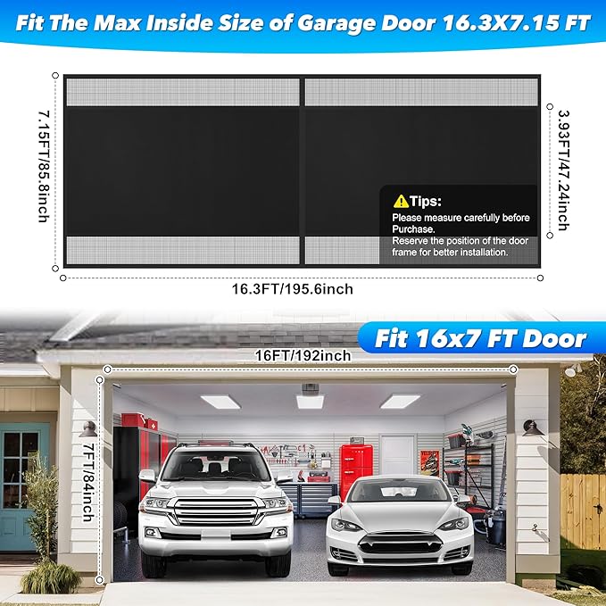 Privacy Garage Door Screen Blackout for 2 Car Garage-16x7FT Magnetic Garage Screen, 9.6LB Heavy Duty Thicker 265g/㎡ Mesh, Hands Free, Magnetic Privacy Garage Screen Door(Black, 16 * 7FT)