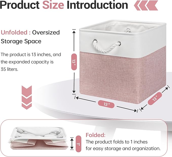 13x13 Inch Cube Storage Bins with Reinforced Bottom Cardboard, 6 Pack Large Foldable Fabric Storage Cubes with Handles for Shelf, Closet, Laundry Organization (White&Pink)