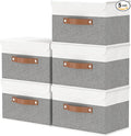 OUTBROS Large Collapsible Storage Box with Lid, Linen Fabric Wardrobe Organiser, Containers For Towels, Clothes, 15 x 9.8 x 9.8 inch (White/Grey, 5-Pack)