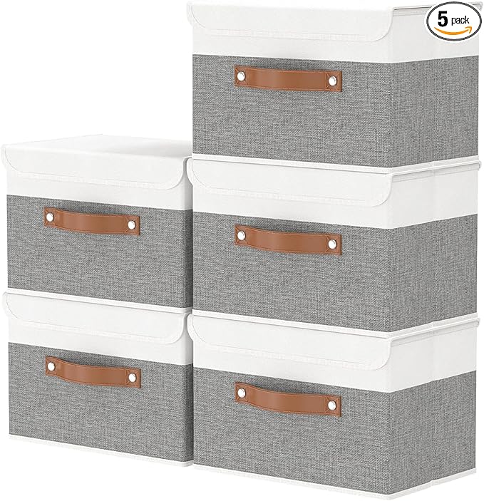 OUTBROS Large Collapsible Storage Box with Lid, Linen Fabric Wardrobe Organiser, Containers For Towels, Clothes, 15 x 9.8 x 9.8 inch (White/Grey, 5-Pack)