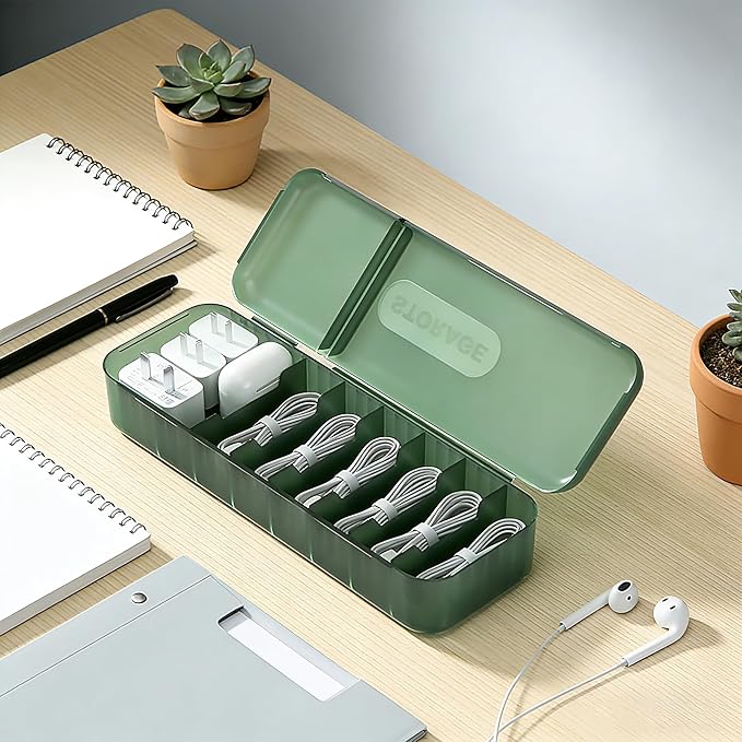 RayHenry Cable Organizer Box with Lid, Charger Cord Storage Box, Multifunctional Accessories Storage for Home Drawer Office Desk (Dark Green)