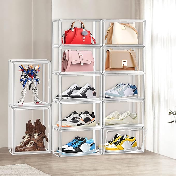 X-Large Clear Shoe Storage Box Stackable Shoes Box Acrylic Sneaker Display Case Shoe Boots Organizer with Lid, 6 Pack