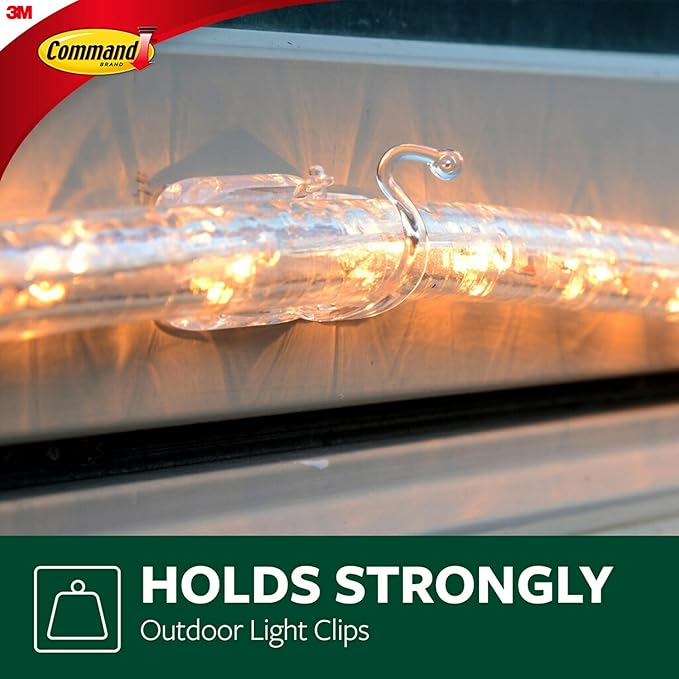 Command Outdoor Rope Light Clips, 12 Hooks and 16 Command Strips, Damage Free Hanging Christmas Decorations with Weather Resistant Strips, Wall Clips for Hanging Outdoor Lights and Cable Management