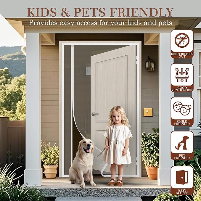 Yotache White Reversible Side Opening Magnetic Screen Door Fits Door Size 28 x 78, Unobstructed View Upgraded Polyester Mesh for Back Door, Actual Screen Size 30" x 79"