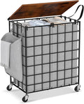 Laundry Basket with Wheels, Heavy Duty Laundry Sorter 2 Sections, Large Capacity 120L (32Gal.) Laundry Hamper with Wood Lid, 360 Rolling Wheels, Extra Side Pocket, Leather Pull Handle (Grey)