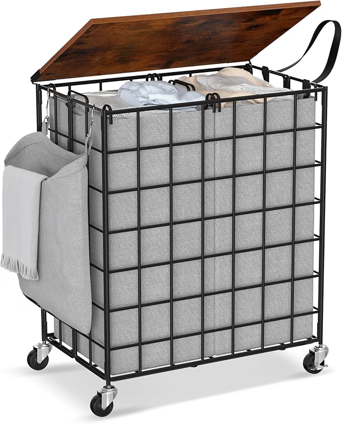 Laundry Basket with Wheels, Heavy Duty Laundry Sorter 2 Sections, Large Capacity 120L (32Gal.) Laundry Hamper with Wood Lid, 360 Rolling Wheels, Extra Side Pocket, Leather Pull Handle (Grey)