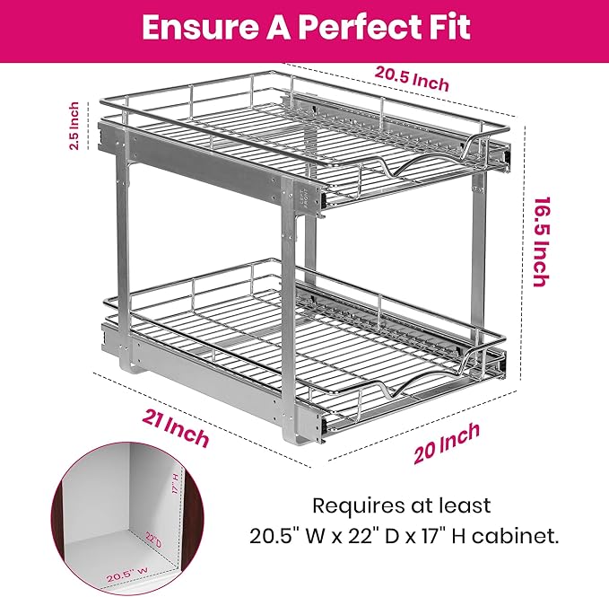 2-Tier Pull-Out Cabinet Organizer with Heavy-Duty Steel Frame, Full-Extension Sliding Shelves, Holds 100 lbs, Easy Install for Kitchen, Pantry & Under Sink Cabinets, 20" W x 21”D x 16.5" H