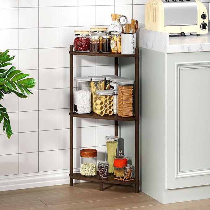 Corner Shelf Stand - 3 Tier Bamboo Small Corner Bookshelf for Office Kitchen Bedroom Plant Stand Living Room Decor Small Space (Brown，3 Tier)