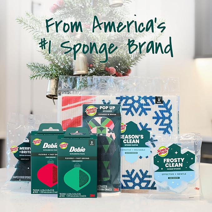 Scotch-Brite Season’s Clean Sponge Cloths, Reusable Dish Towel That Absorbs Like a Sponge, Holiday Patterned Wipes for Nonstick Cookware, Tile, Countertops, Mirrors, and Faucets, 2 Dish Towels