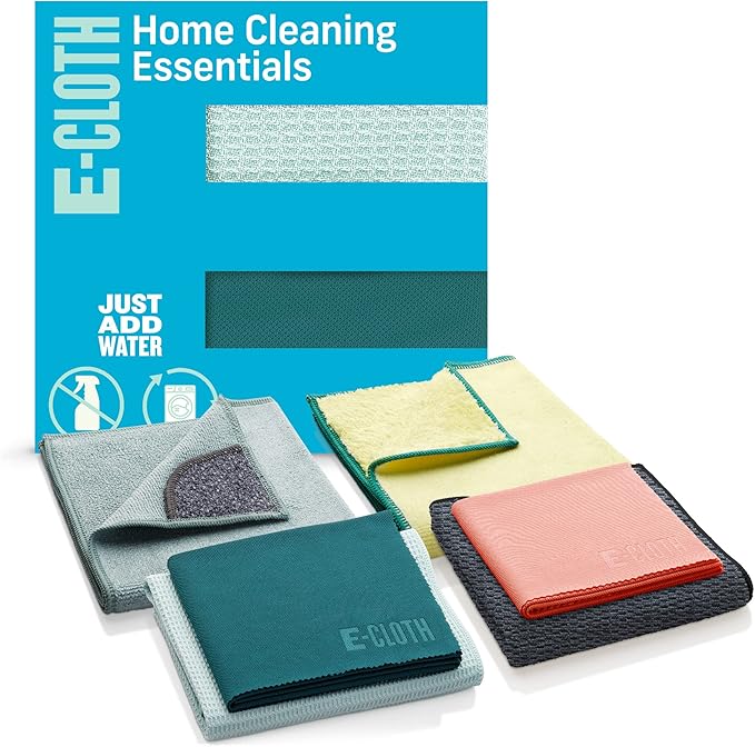E-Cloth 6-pc Home Cleaning Essentials, Contains Multiple Microfiber Cleaning Cloths for a Streak-Free Clean Glass, Window, Kitchen, Dust, Granite, and Marble, 100 Wash Promise