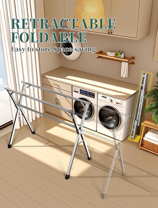 Lrjyxq 95 Inches Heavy - Duty Stainless Steel Folding Clothes Drying Rack Clothing Indoor Outdoor Anti-Rust 20 Windproof Hooks Portable & Foldable Laundry Rack (95'')