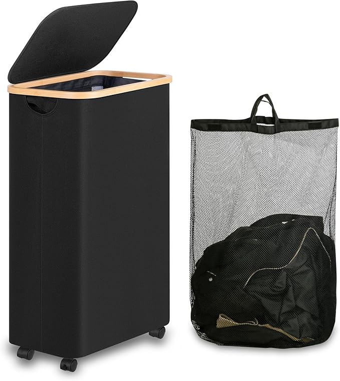 Laundry Basket with Lid, Large Laundry Hamper with Handle and Lid, Collapsible Clothes Basket Organizer with Removable Inner Bag for Clothes Toys Towels (Black, 75L with Wheels)