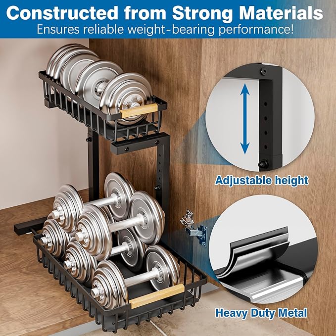 Under Sink Organizers, 2 Tier Pull Out Under Cabinet Organizer，Height Adjustable Pull Out Cabinet Drawers, Metal Sliding Drawer for Kitchen Bathroom Pantry Cabinet Closet Organization Rack，2 Packs