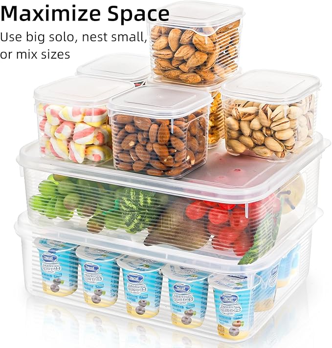 4 Pack Salad Bar Container for Fridge, Plastic Food Storage Organizer with Lid, Stackable Refrigerator Bins with 24 Individual Removal Boxes, Reusable Meal Prep Container for Fruit, Vegetable