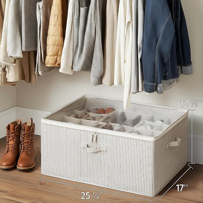 StorageWorks Shoe Organizer for Closet, Fits up to 24 Pairs, Shoe Cubby Storage Containers with Adjustable Dividers and Clear Cover, Gray and White Stripes