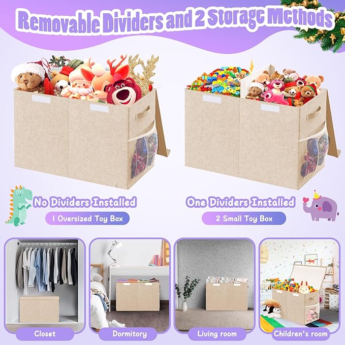 Large Toy Storage Box with Lid Divider, Sturdy Collapsible Toys Organizer Chest Kids Storage Bins Boxes Baskets for Boys, Girls, Nursery, Bedroom, Living Room, Playroom, 25"x13"x16", Beige