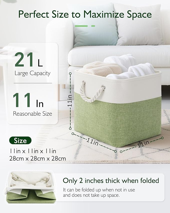 11 Inch Cube Storage Bins, 6 Pack Fabric Storage Cubes with Rope Handles, Organizer Baskets for Closet Shelves, Clothes and Home Organization(White/Green)