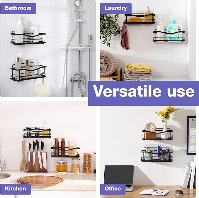 KINCMAX Iron Shower Caddies - Self Adhesive Bathroom Shelves for Showers - Wall Organizer Shampoo Holder Shelf - Peel and Stick On Caddy Bath Tub Rack - Pack of 2 Holders - Black