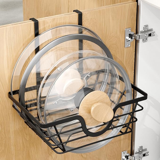 Pot Lid Organizer, Adjustable Kitchen Pot Lid Holder Inside Cabinet, Kitchen Cabinet Organizer Hanging for Food Storage Container, Pot, Pan Lid & Bakeware, Black