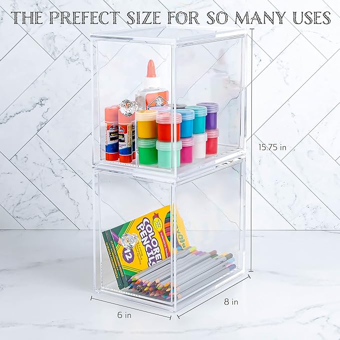 Oizeir Clear Drawer Organizers - Acrylic, Durable, Stackable, Pull-Out Drawer. Great for Medicine, Cosmetics, Makeup and Bathroom Organization. (8" High | 2-PACK)