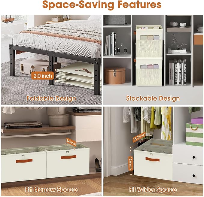 2 Pack Shoe Organizer for Closet,Foldable Shoe Storage Organizer with Adjustable Dividers, Shoe Storage Box with Clear Cover, Fits up to 16 Pairs, Beige