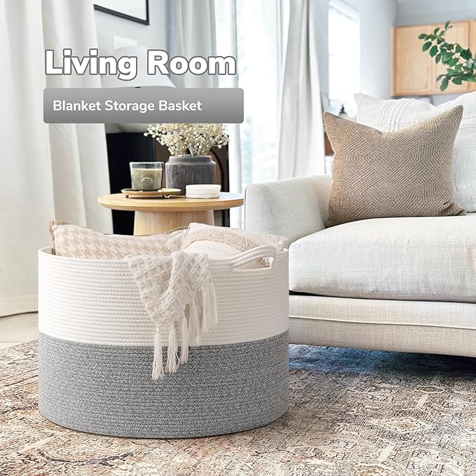 Goodpick Blanket Basket, 23.5'' x 15.8'' Cotton Rope Blanket Basket Living Room, Toy Organizers and Storage with Handles for Kids, 115L Grey