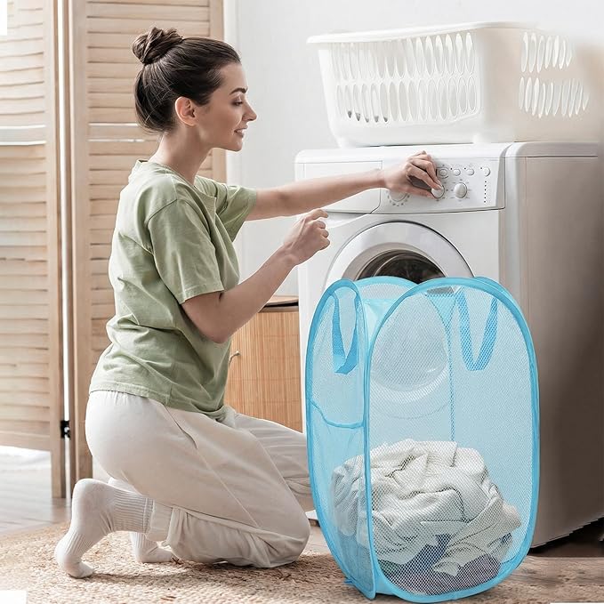 The upgraded pop-up laundry basket features a breathable side pocket mesh design, making it ideal for rooms, apartments, dormitories, travel, business trips, and children's storage (1,sky blue)