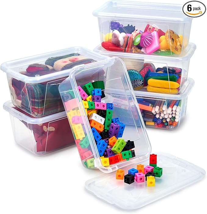 GAMENOTE 6 Quart Storage Bins with Lids - 6 Pack Transparent Plastic Latching Box for Classroom&Kids Toy Storage Opaque Stackable Shoe Box Size Containers for STEM Morning Tubs, Crafts&Building Blocks