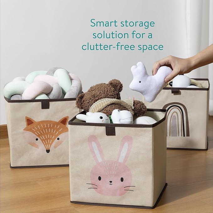 Navaris Kids Storage Cubes Set of 3 - Kids Cube Fabric Organizer Storage Bins - Foldable Cloth Cube for Childrens Bedroom Baby Nursery - Book Toy Bin Cubby Storage - Rabbit & Fox
