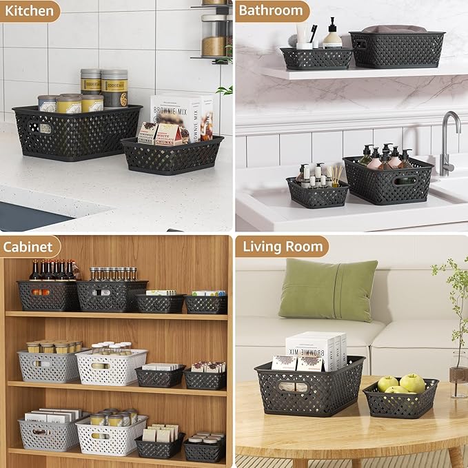MaxGear Organization and Storage 3 Packs, Plastic Bins Organizer Bins, Woven Baskets for Storage, Plastic Baskets with Handles, Black Basket for Organizing, Basket Organizer for Home and Office, Large