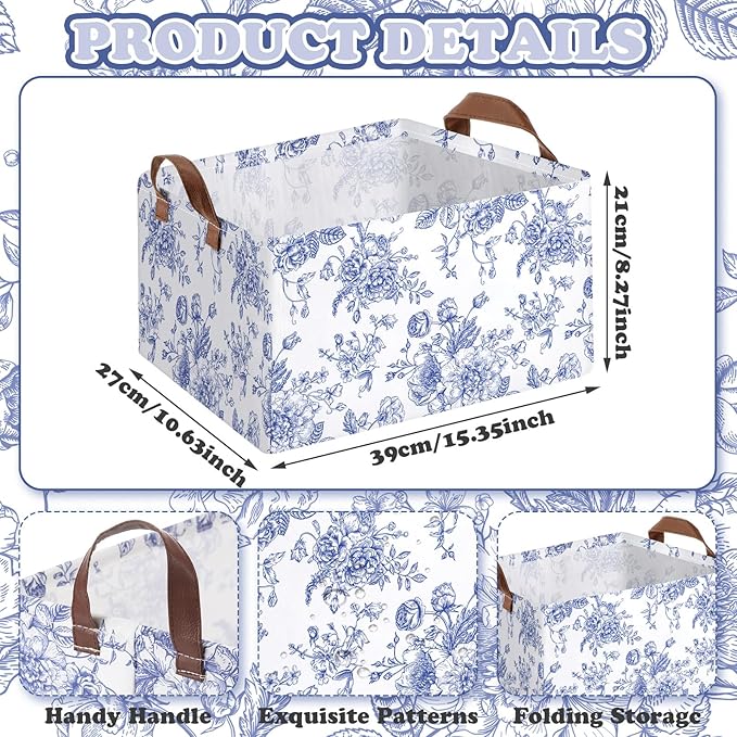 Boao 3 Pcs Blue Floral Storage Bin Wildflowers Collapsible Large Storage Baskets for Gifts Canvas Laundry Basket Foldable Box with Handle for Office Home Bedroom Clothes