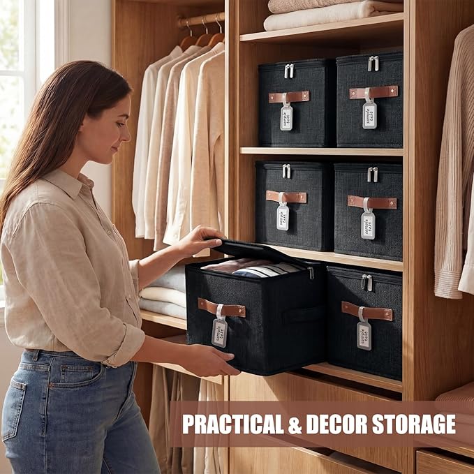 Fiwochic 6 Pack Fabric Storage Bins with Lids, 15x10x10Inch Foldable Cotton Linen Storage Boxes with PU Leather Handles and Label Holders for Closet, Bedroom, Shelf, Nursery, Black