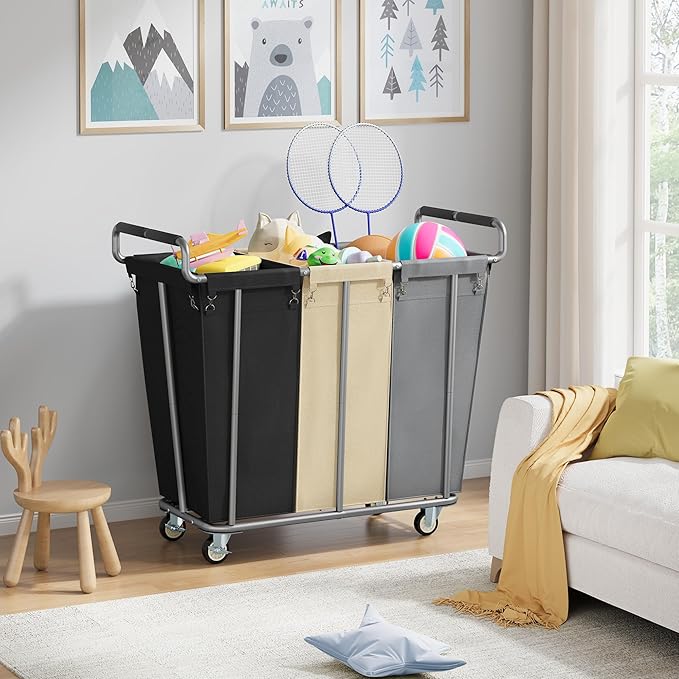 Large laundry hamper with Wheels, 360L 3 Bag Big Rolling Laundry Hamper Sorter Cart, Extra Large Laundry Clothes Hamper, Heavy Duty Laundry Basket Organizer for Laundry Room,Bathroom,Black