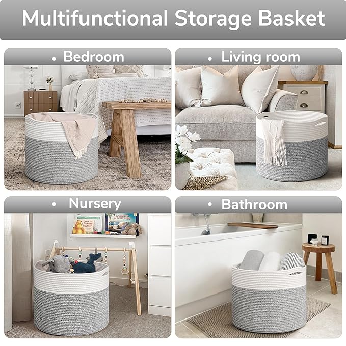 Goodpick Blanket Basket, 15.8"x15.8"x13.8" Woven Rope Basket for Blankets, Kids Toy Storage Organizer Bins, Toy Storage for Nursery, Light & Grey