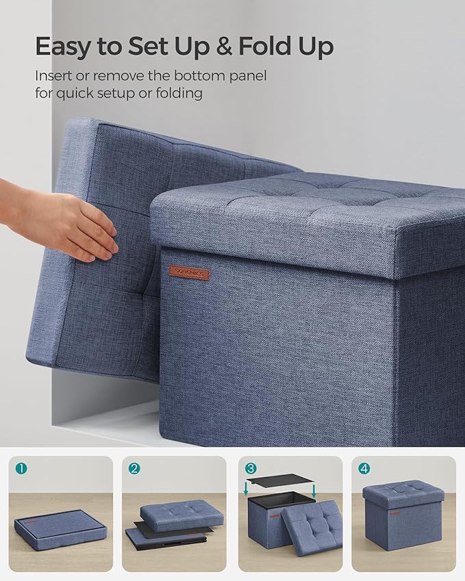 SONGMICS MAZIE Collection - Small Folding Storage Ottoman, Foot Rest Stool, 12.2 x 16.1 x 12.2 Inches, 286 lb Load Capacity, for Living Room, Bedroom, Home Office, Dorm, Light Denim Blue ULSF102Q01