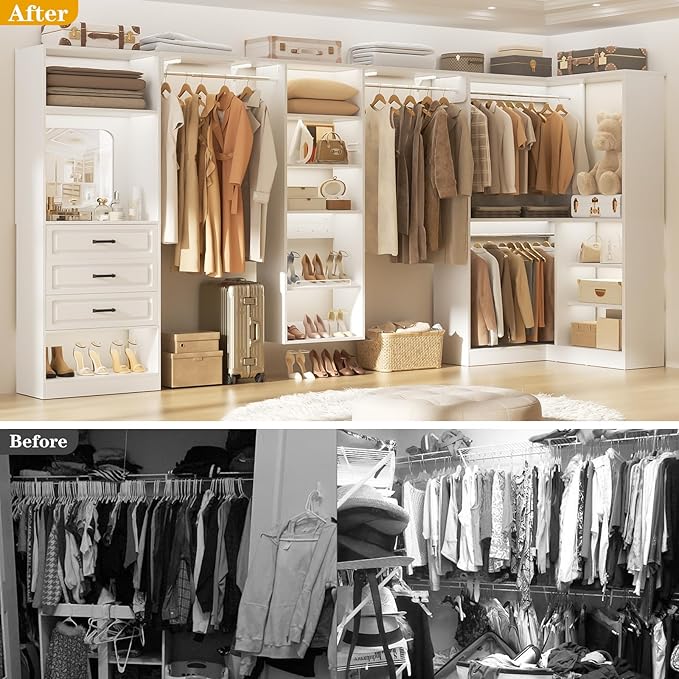 Unikito Modular Closet System with 3 Sets, 131”Corner Closet Organizer System With Mirror, Drawers, Hanging Rods & Adjustable Shelves, Freestanding Wood Wardrobe Organizer, Walk in Closet Tower, White