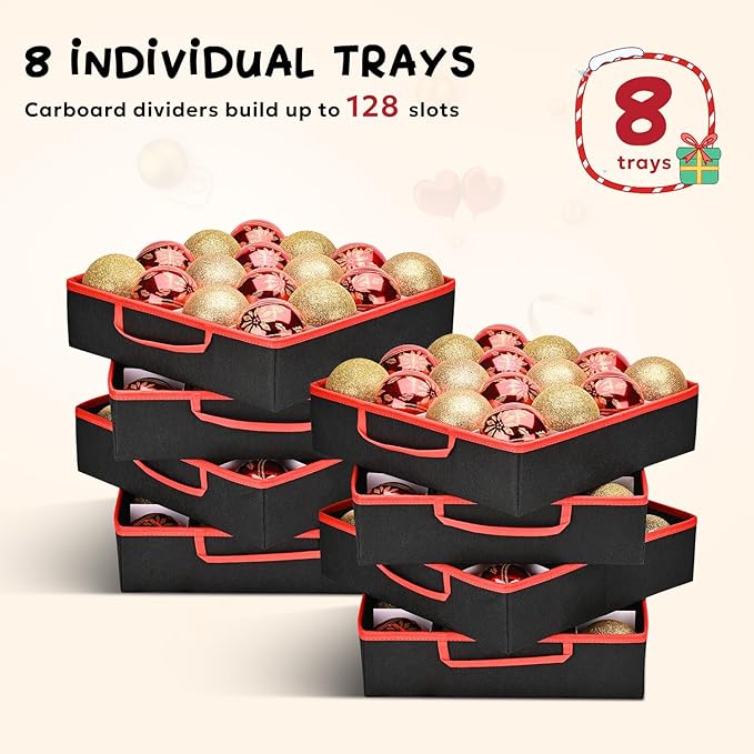 Mrrihand Christmas Ornament Storage Box, Ornament Storage Container with 8 Trays-Xmas Decoration Organizer Keeps 128 Holiday Ornaments 3-Inch, Dual Zipper Closure, 600D Tear-Proof（Black）
