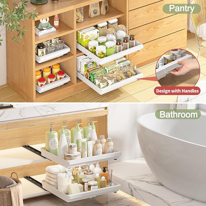 2 Pack Pull Out Cabinet Organizers Expandable (13''-19''), Plastic Slide Out Drawers for Kitchen, Bathroom, Pantry, Under Sink Storage, Pull Out Drawers Fixed with Adhesive Nano Film (White)