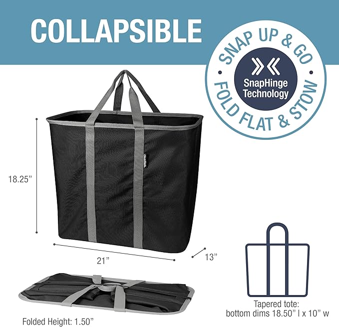CleverMade Collapsible Laundry Caddy - Black 1 Pack 64L / 17 Gal - Foldable Storage Organization Container Clothes Laundry Room Storage Solution