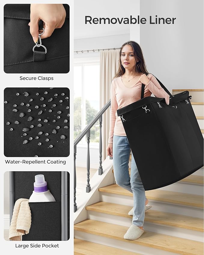 SONGMICS Laundry Basket with Wheels, 3-Section Rolling Laundry Hamper, 52.8 Gallons (200 L), Removable Liner, Steel Frame with Handle, 35.8 x 15.4 x 31.9 Inches, Ink Black URLS005B01
