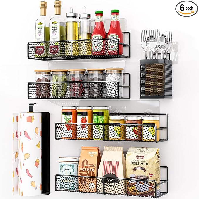 DTUQTX Spice Rack Wall Mounted 6 Pack: 100% Metal & Strong Adhesive Spice Organization for Kitchen Cabinet/Pantry Door, No Drill Hanging Seasoning Organizer with Paper Towel Holder, Utensil Caddy