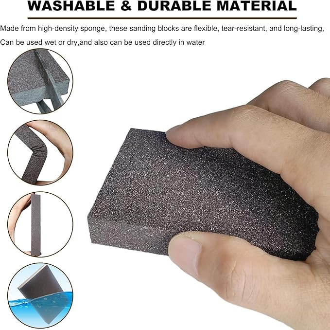 4 Pack Hand Sanding Sponge Set -120 220 320 400 Grit- Coarse Medium Fine Grit Sanding Block, Sander Sponges for Wood-Working Drywall Metal, Washable and Reusable Sponge for Rust Removal Polishing