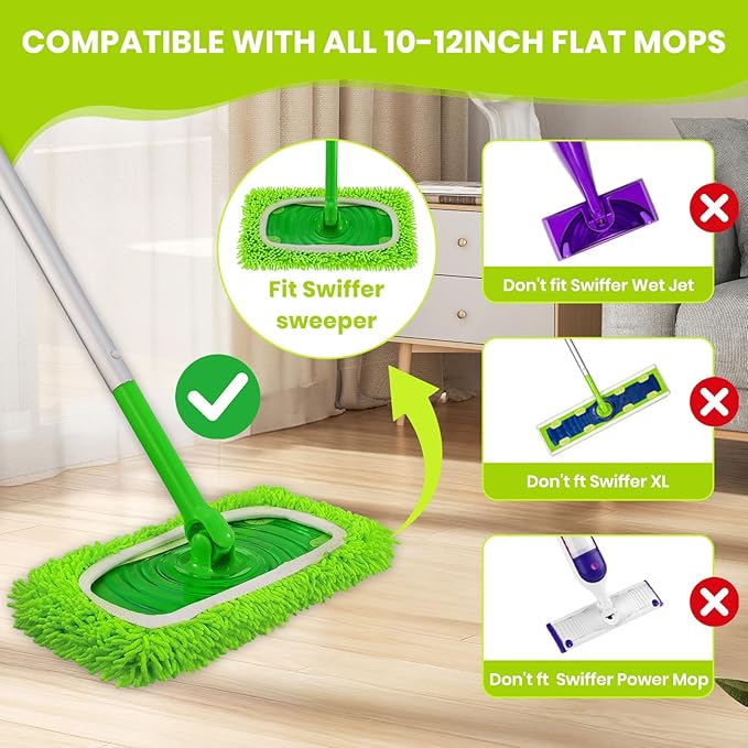 8 Pack Chenille Mop Pads, Reusable Mop Refills for 10''–12'' Flat Mops, Washable Wet & Dry Pads for Hard Floors, Compatible with Swiffer Sweeper Mops