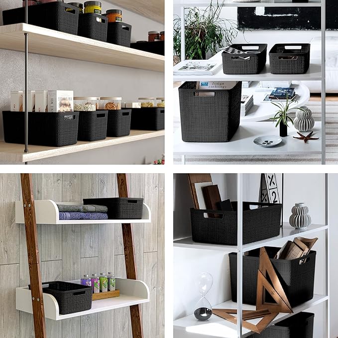 Curver Set of 2 XL 30.5L Jute Decorative Plastic Organization and Storage Baskets - Perfect Bins for Home Office, Closet Shelves, Kitchen Pantry and All Bedroom Essentials, Black