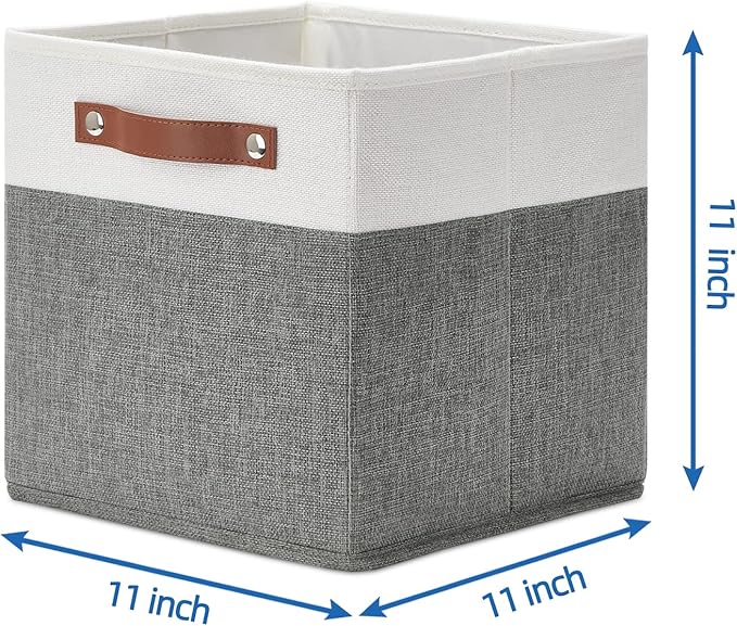 Temary Cube Storage Bins 4 Pack Storage Cubes 11ﾗ11 Fabric Storage Bins Foldable Cube Storage Baskets with Handles, Collapsible Storage Basket for Shelf (White & Grey, 11 x 11 x 11)