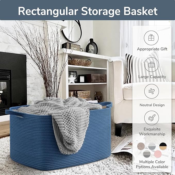 Goodpick Large Blanket Basket, Storage Baskets for Organizing, Rectangle Woven Basket for Clothes, Towels, Toy Baskets Storage Kids, 21.6" x 14.9" x 11.8"