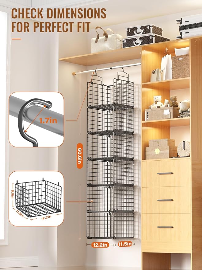 6 Tier Closet Hanging Organizer, Metal Closet Organizers and Storage with 4 Hanging Hooks 4 S-Hooks for Wardrobe Laundry Room, Wire Storage Shelf for Clothes Sweaters Pants (Black)